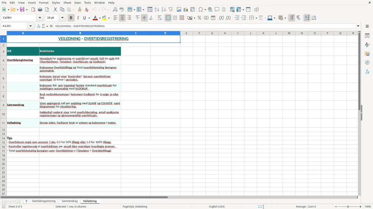 Skjermbilde 3: fanen Veiledning - Excel-mal overtid excel mal