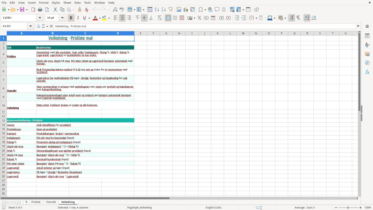 Skjermbilde 3: fanen Veiledning - Excel-mal prisliste excel mal
