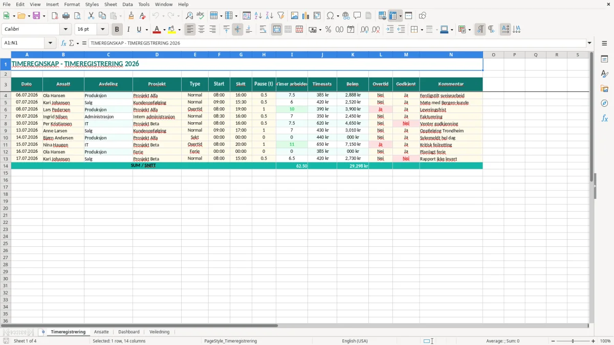 Skjermbilde 1: fanen Timeregistrering - Excel-mal timeregnskap excel mal