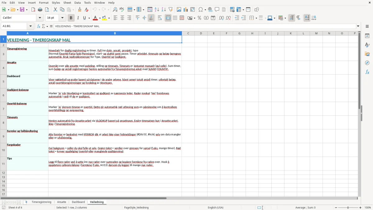 Skjermbilde 4: fanen Veiledning - Excel-mal timeregnskap excel mal