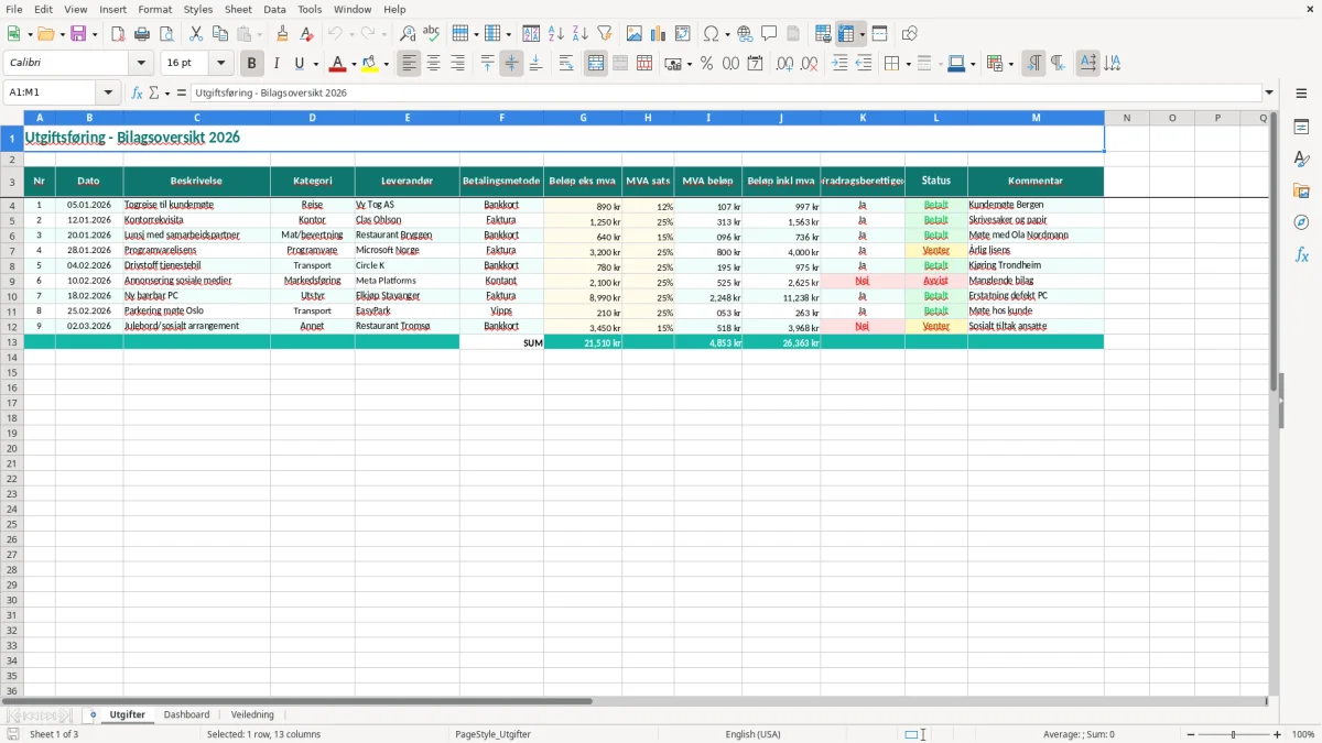 Skjermbilde 1: fanen Utgifter - Excel-mal utgiftsføring excel mal