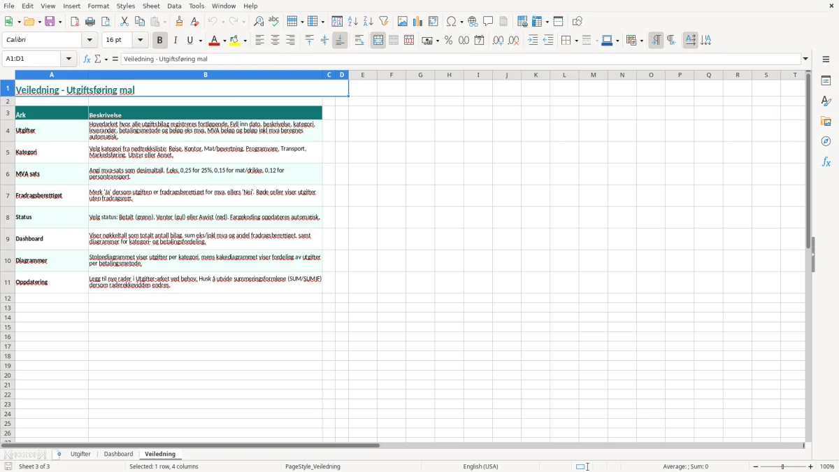 Skjermbilde 3: fanen Veiledning - Excel-mal utgiftsføring excel mal