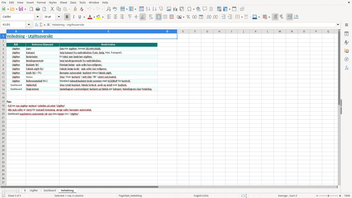 Skjermbilde 3: fanen Veiledning - Excel-mal utgiftsoversikt excel mal