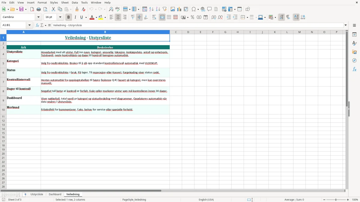 Skjermbilde 3: fanen Veiledning - Excel-mal utstyrsliste excel mal
