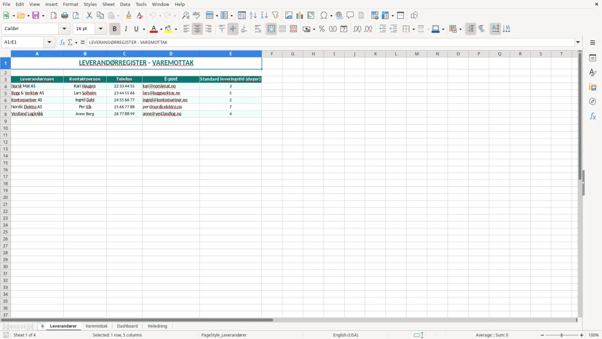 Skjermbilde 1: fanen Leverandører - Excel-mal varemottak excel mal
