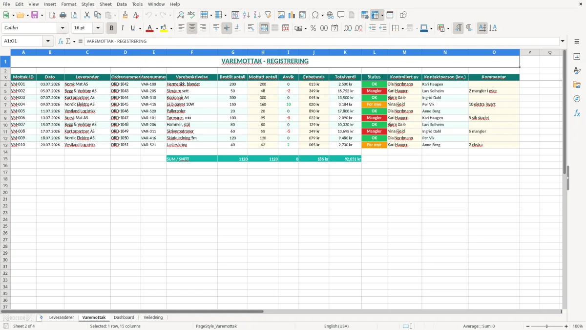 Skjermbilde 2: fanen Varemottak - Excel-mal varemottak excel mal
