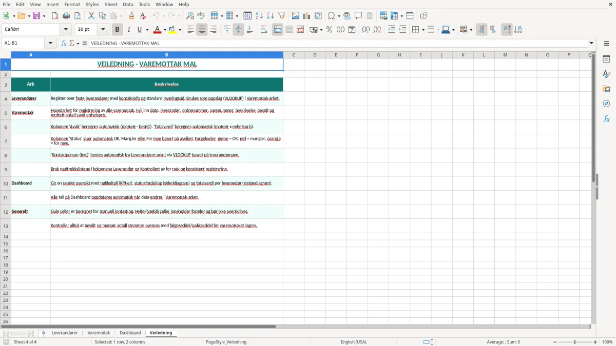 Skjermbilde 4: fanen Veiledning - Excel-mal varemottak excel mal