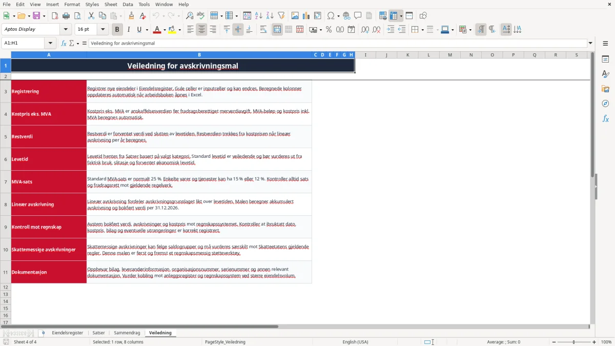 Skjermbilde 4: fanen Veiledning - Excel-mal avskrivning excel mal
