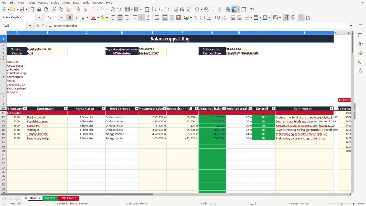 Skjermbilde 1: fanen Balanse - Excel-mal balanse excel mal
