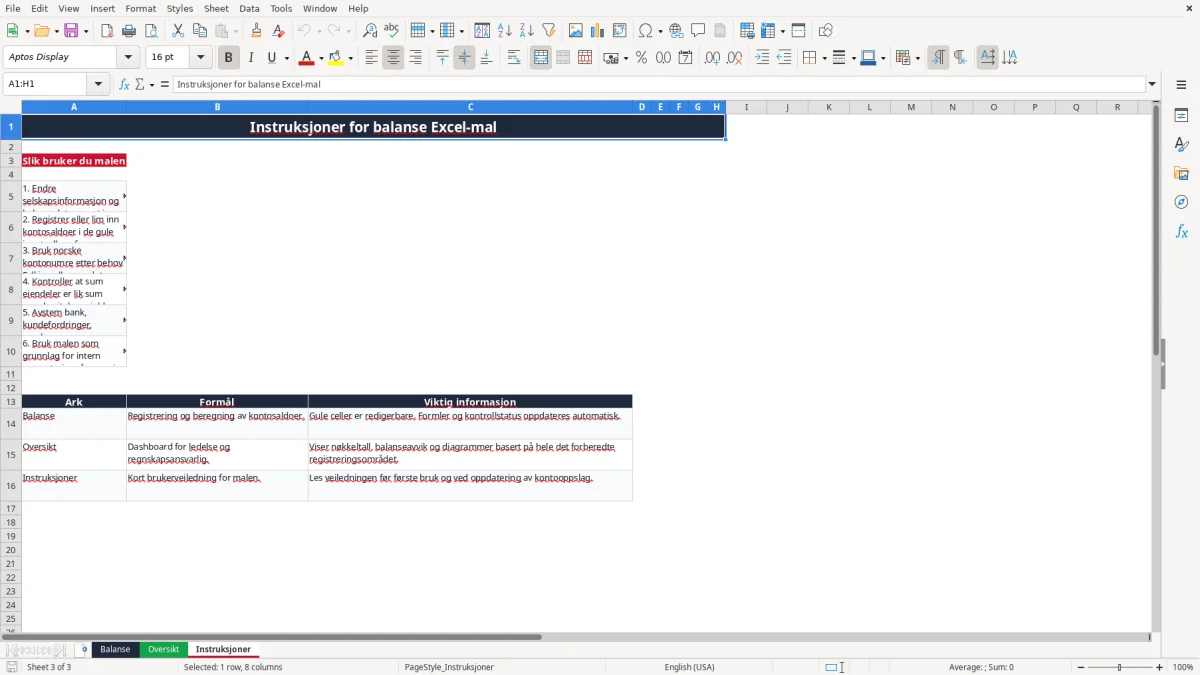 Skjermbilde 3: fanen Instruksjoner - Excel-mal balanse excel mal