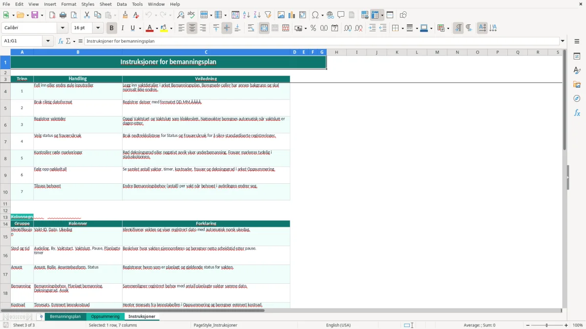 Skjermbilde 3: fanen Instruksjoner - Excel-mal bemanningsplan excel mal