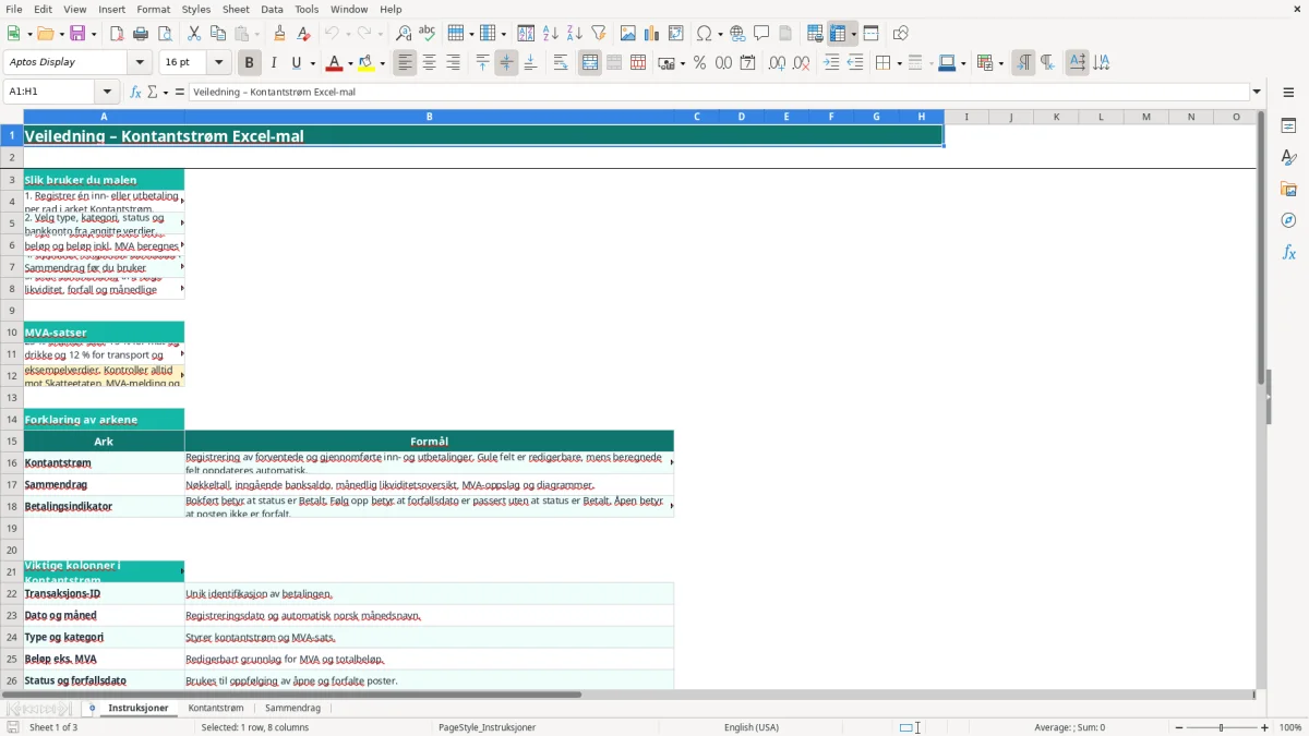 Skjermbilde 1: fanen Instruksjoner - Excel-mal kontantstrøm excel mal