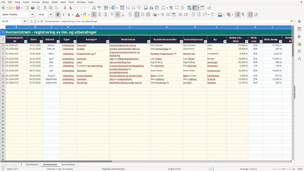 Skjermbilde 2: fanen Kontantstrøm - Excel-mal kontantstrøm excel mal