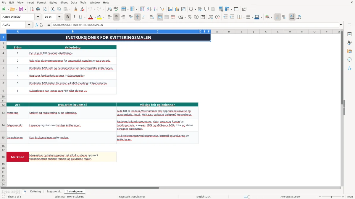 Skjermbilde 3: fanen Instruksjoner - Excel-mal kvittering excel mal