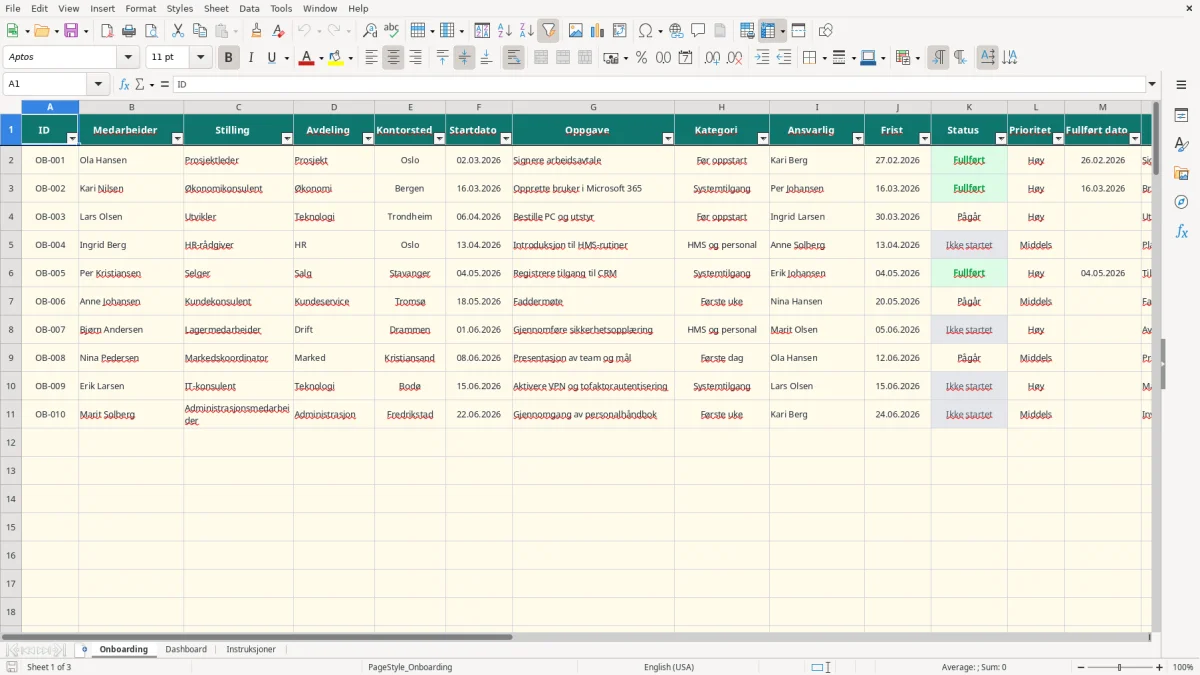 Skjermbilde 1: fanen Onboarding - Excel-mal onboarding sjekkliste excel