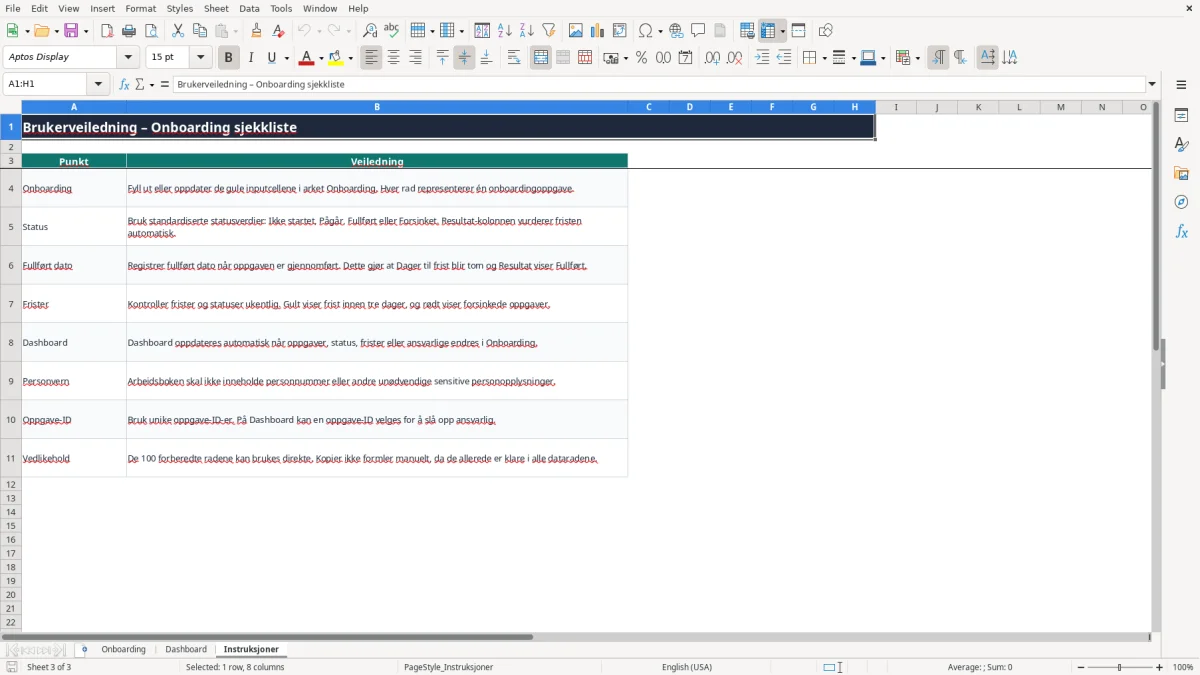 Skjermbilde 3: fanen Instruksjoner - Excel-mal onboarding sjekkliste excel