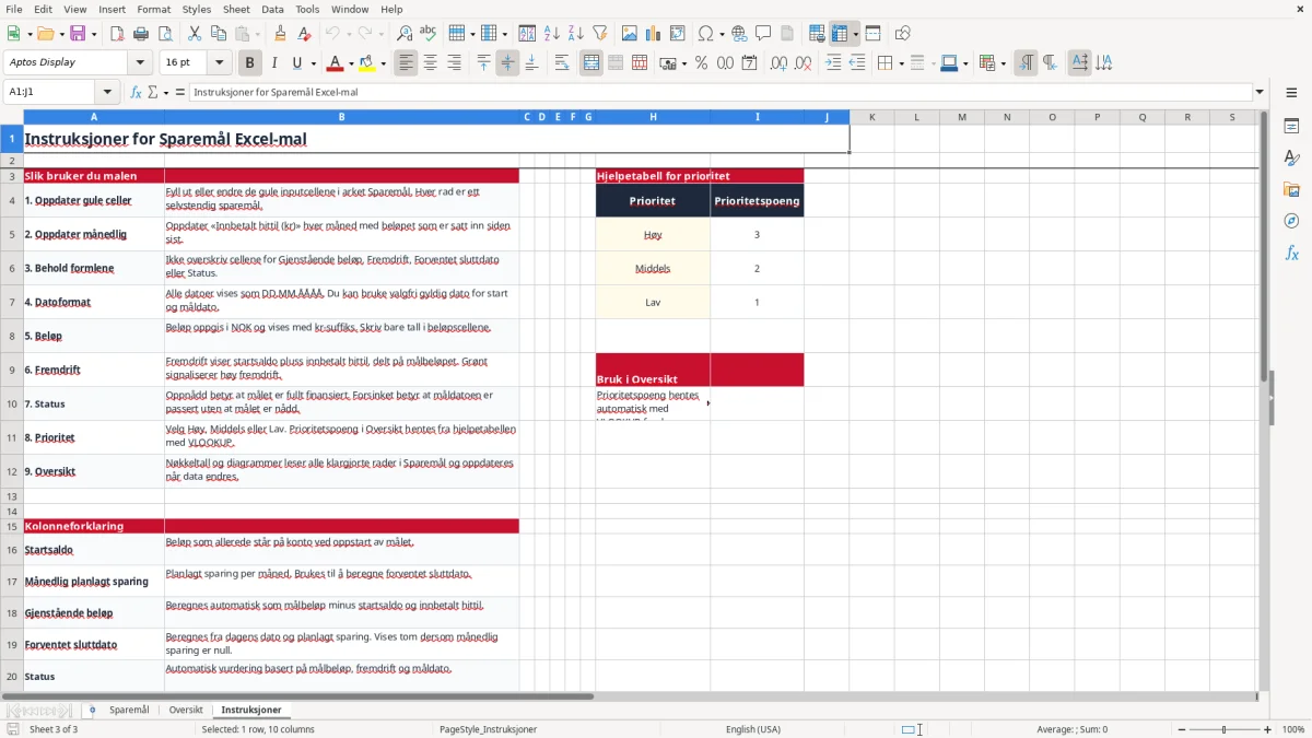 Skjermbilde 3: fanen Instruksjoner - Excel-mal sparemål excel mal