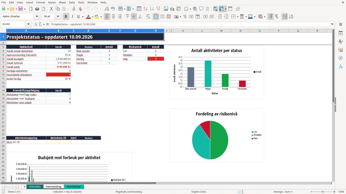 Skjermbilde 2: fanen Sammendrag - Excel-mal statusrapport excel mal