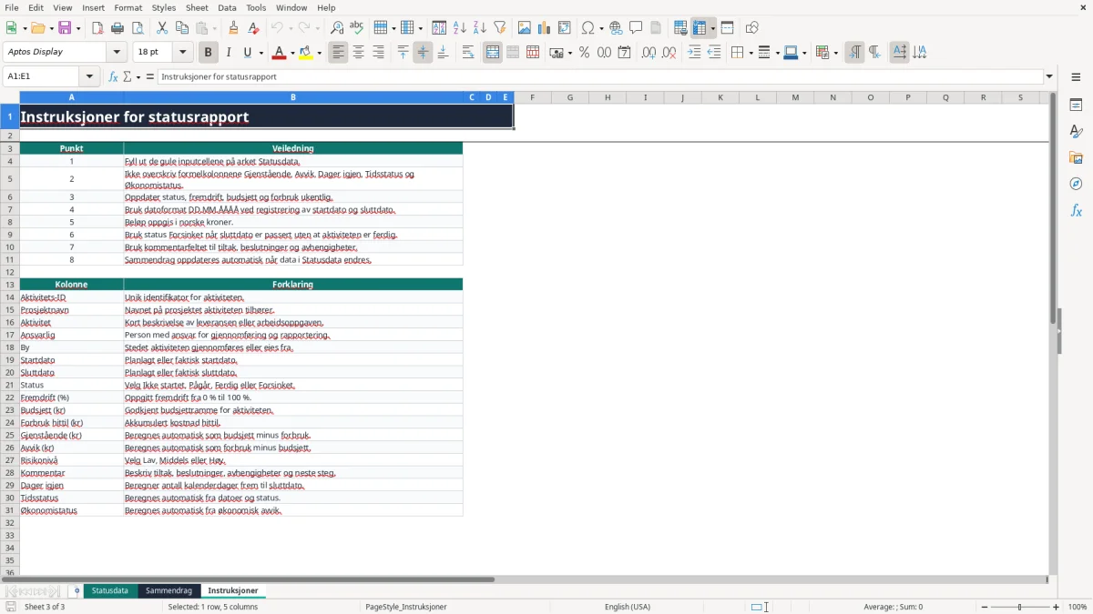 Skjermbilde 3: fanen Instruksjoner - Excel-mal statusrapport excel mal