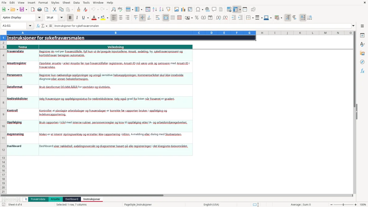 Skjermbilde 4: fanen Instruksjoner - Excel-mal sykefravær excel mal