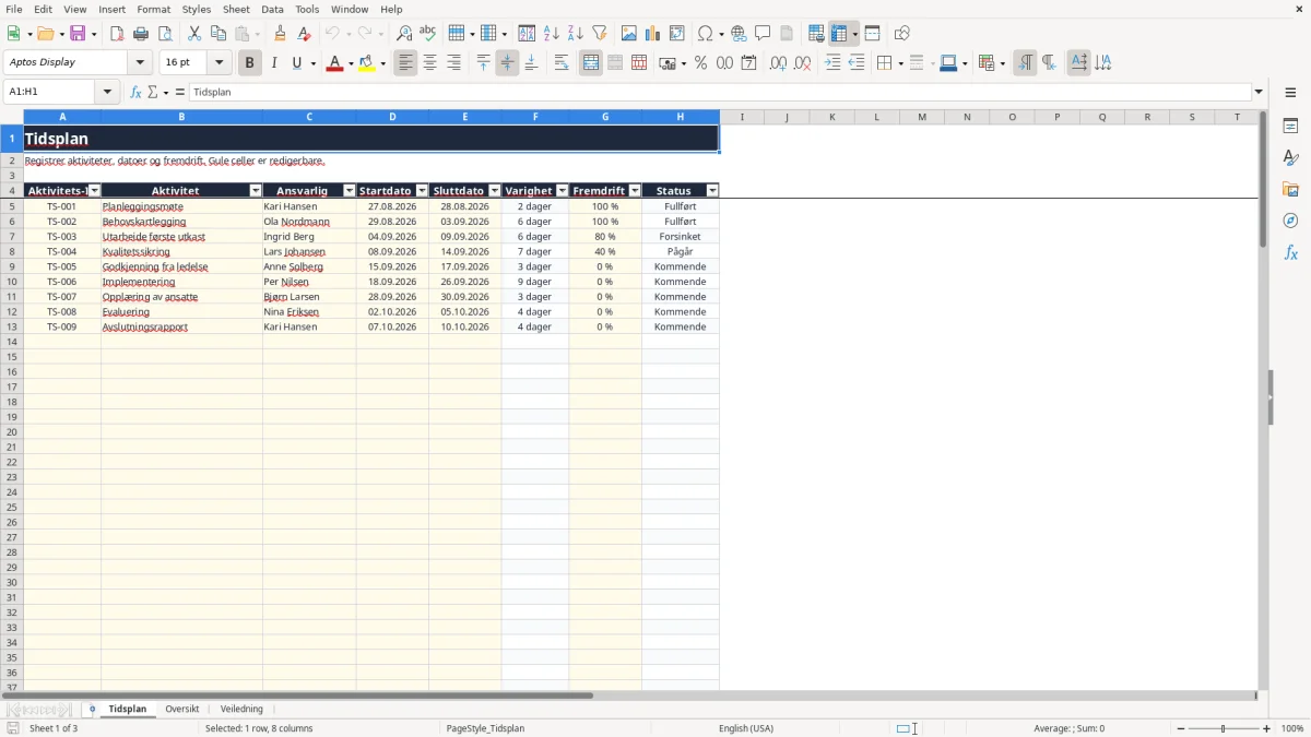 Skjermbilde 1: fanen Tidsplan - Excel-mal tidsplan excel mal