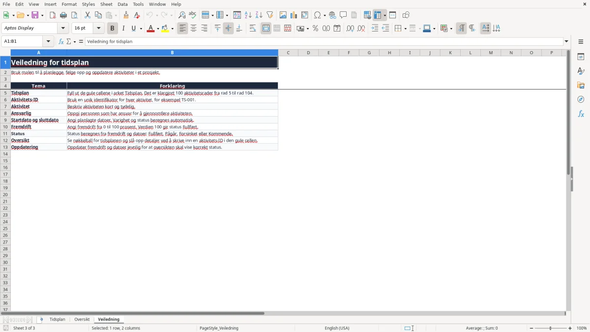 Skjermbilde 3: fanen Veiledning - Excel-mal tidsplan excel mal