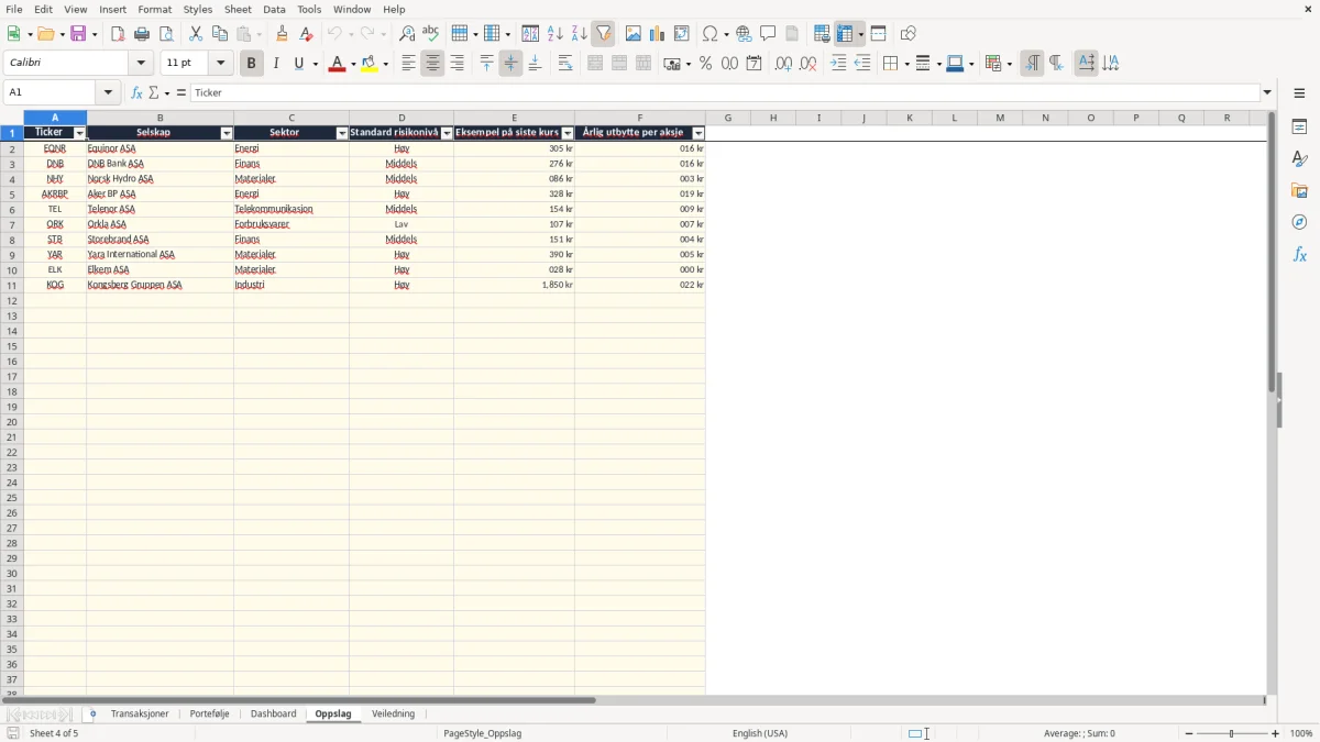 Skjermbilde 4: fanen Oppslag - Excel-mal aksjeportefølje excel mal