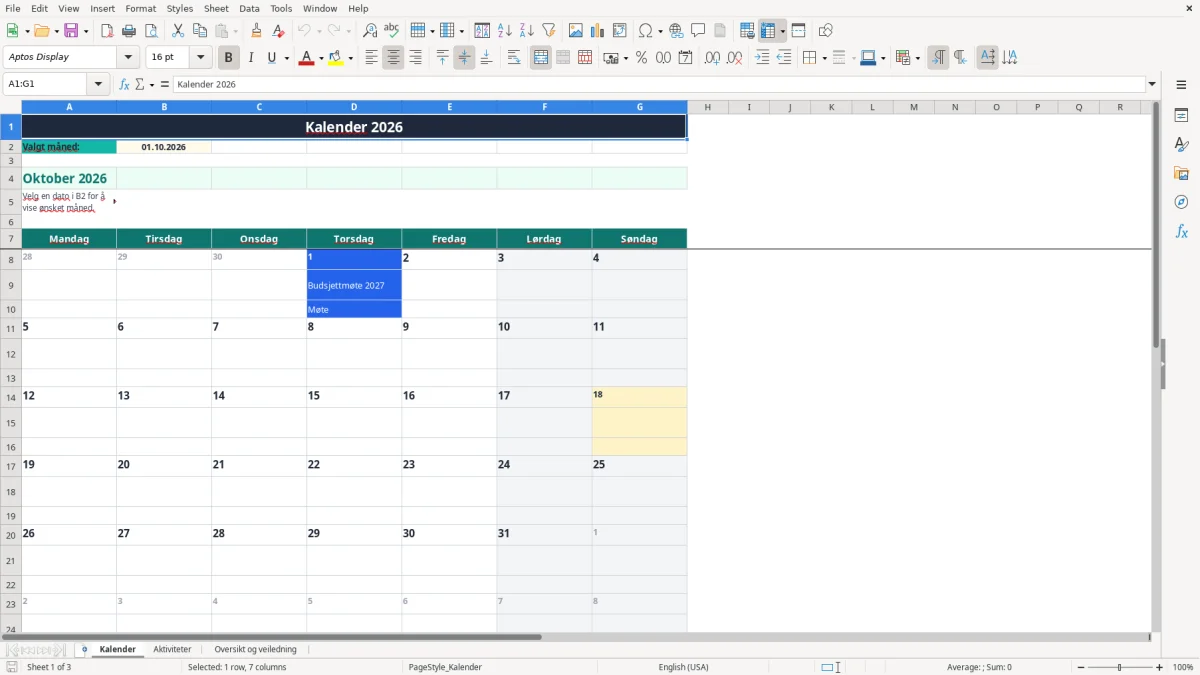 Skjermbilde 1: fanen Kalender - Excel-mal kalender excel mal