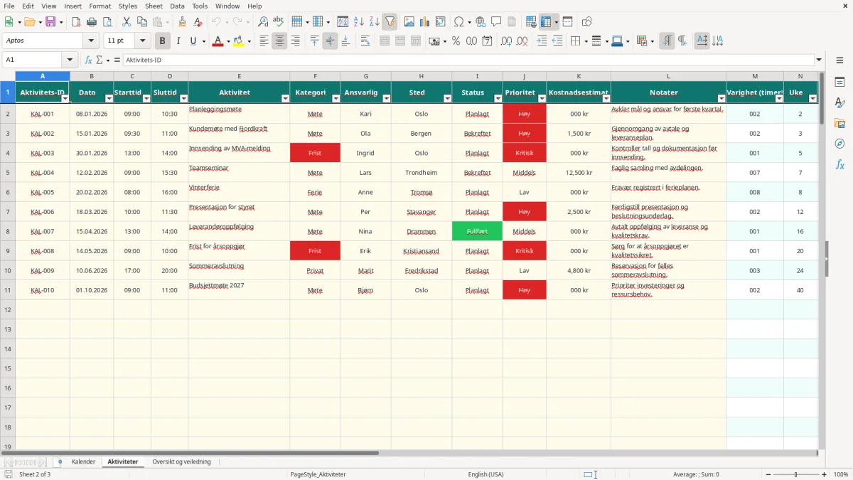 Skjermbilde 2: fanen Aktiviteter - Excel-mal kalender excel mal