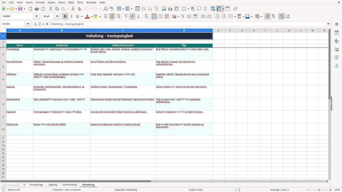 Skjermbilde 4: fanen Veiledning - Excel-mal treningsdagbok excel mal